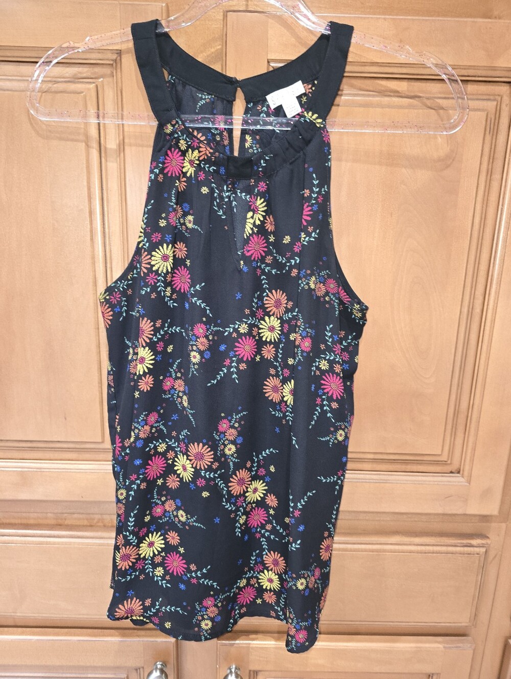 Womens Spence Black Floral Halter Shirt - Bright Multicolor Daisies Size L